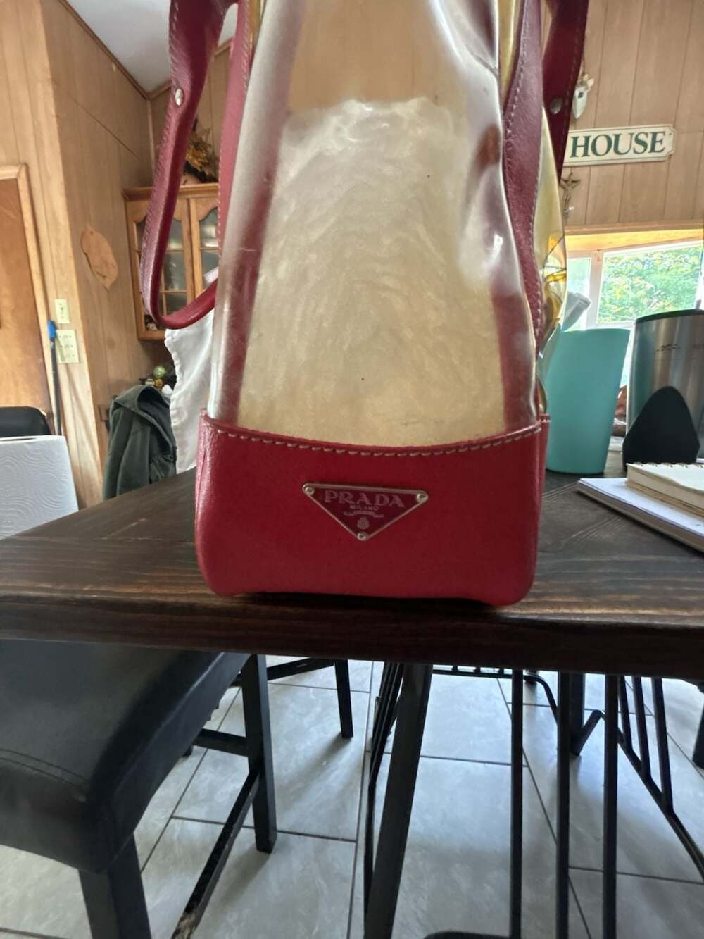 Prada Vintage Printed PVC and Red Leather Beach Tote Bag - Picture 2 of 5